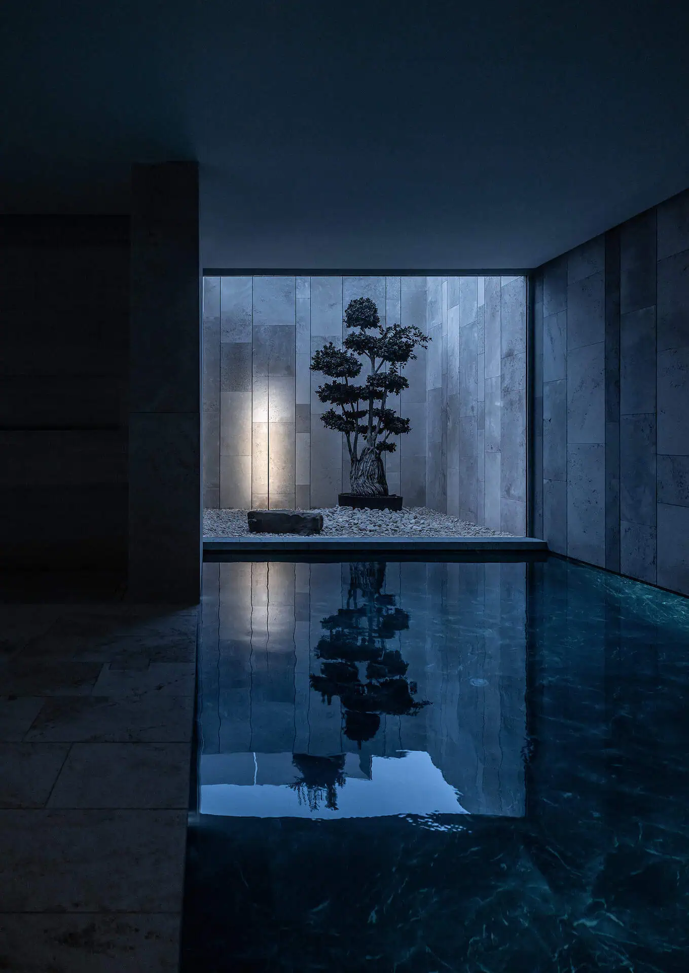 Serene indoor pool with reflective water and bonsai centerpiece, surrounded by minimalist stone walls and architectural lighting at Villa TAI by ARK Architects. x Davide Groppi