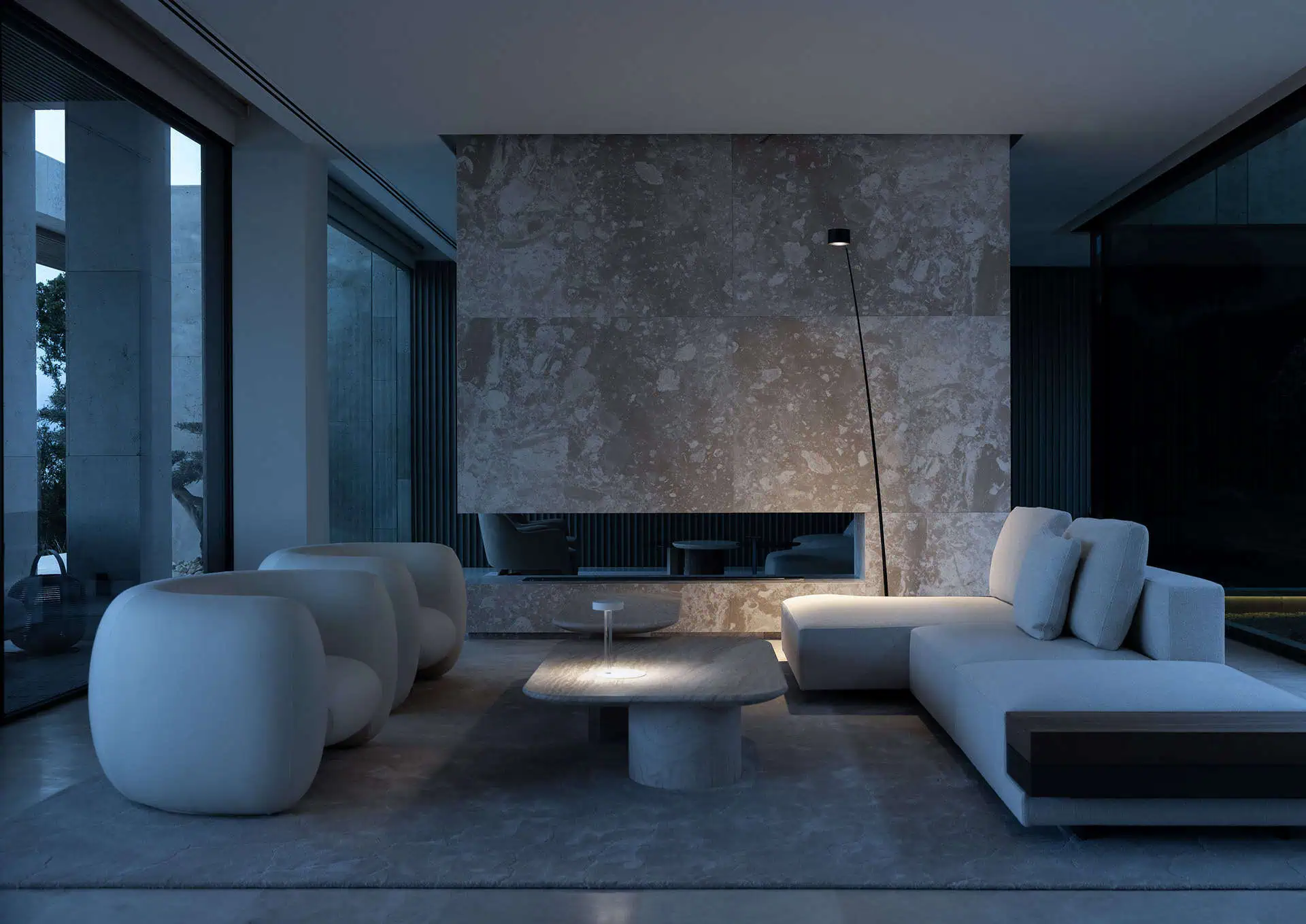 Contemporary living room interior in Villa TAI Sotogrande, with custom lighting and designer furnishings by ARK Architects and Davide Groppi.
