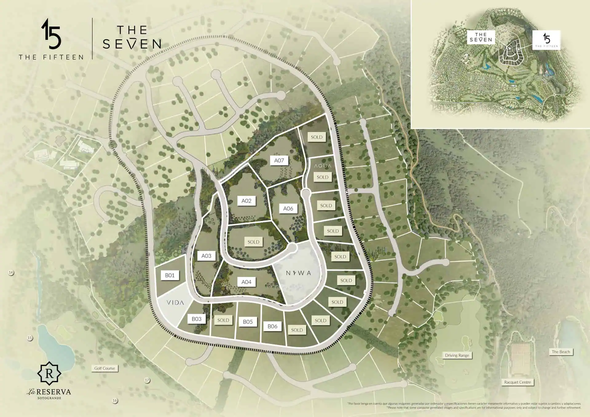 Masterplan map of La Reserva Sotogrande highlighting The Seven, NIWA, and The Fifteen, with club facilities, golf course, and surrounding nature