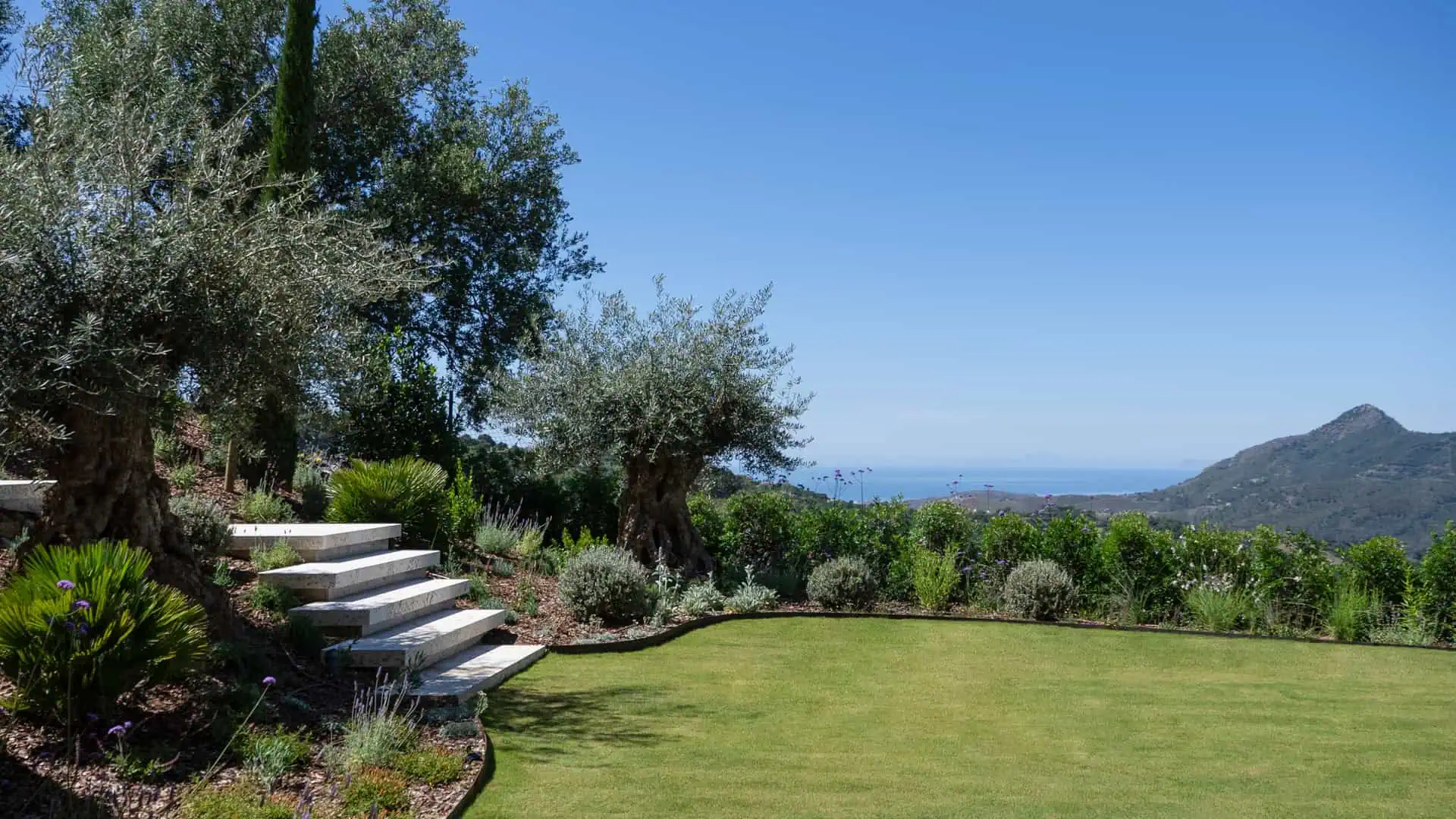 Mediterranean garden with stone steps and olive trees, overlooking mountain and sea views at Villa KAIZEN by ARK Architects